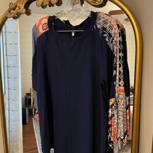 Emerald Navy Blue Top with Multicolor Patterned Sleeves